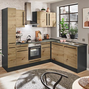 Eck-Küchenzeile 250cm Braun/Eiche Artisan Dekor mit Elektrogeräten