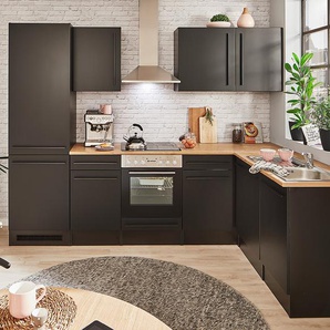 Eck-Küchenzeile 280cm Schwarz/Matt Schwarz mit Elektrogeräten