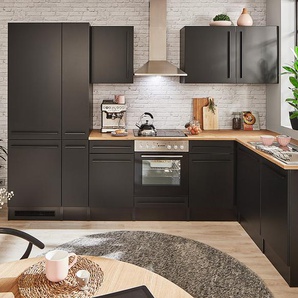 Eck-Küchenzeile 310cm Schwarz/Matt Schwarz mit Elektrogeräten