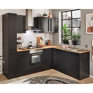 Eck-Küchenzeile 250cm Schwarz/Matt Schwarz ohne Elektrogeräte