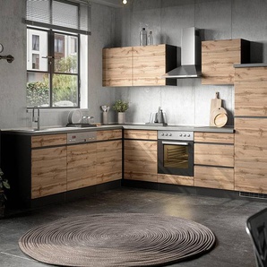 Eck-Küchenzeile Turin Kombi A 240cm Braun/Grau/Wotaneiche Dekor/Graphit ohne Elektrogeräte