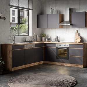 Eck-Küchenzeile Turin Kombi A 240cm Braun/Grau/Grau/Wotaneiche Dekor ohne Elektrogeräte