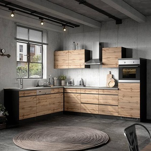 Eck-Küchenzeile Turin Kombi C 300cm Braun/Grau/Wotaneiche Dekor/Graphit Glaskeramik mit Elektrogeräten