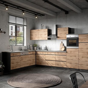 Eck-Küchenzeile Turin Kombi C 360cm Braun/Grau/Wotaneiche Dekor/Graphit Glaskeramik mit Elektrogeräten