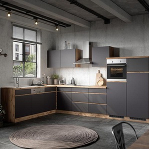 Eck-Küchenzeile Turin Kombi C 360cm Braun/Grau/Grau/Wotaneiche Dekor ohne Kochfeld ohne Elektrogeräte