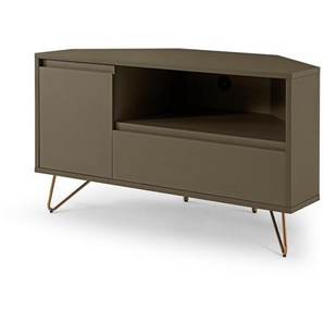 Eck TV-Lowboard mit Schublade, Klappfach und offenem Fach, TV Board aus MDF, Beine aus Metall mit Messinglegierung - TV-Board