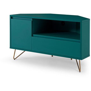 Eck TV-Lowboard mit Schublade, Klappfach und offenem Fach, TV Board aus MDF, Beine aus Metall mit Messinglegierung - TV-Board