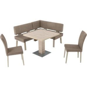 Eckbankgruppe K+W KOMFORT & WOHNEN Santos I Sitzmöbel-Sets Gr. B/H/T: 133 cm x 87 cm x 157 cm, Microfaser Struktur 755, beige (sand 1) Eckbankgruppen rechtslinks Schenkel 157cm, zwei 4 Holzstühle und Tisch 90x90cm