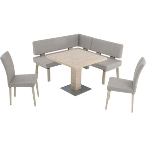 Eckbankgruppe K+W KOMFORT & WOHNEN Santos I Sitzmöbel-Sets Gr. Microfaser Struktur 755, grau (lightgrey) Eckbankgruppen gleichschenklig 157cm, zwei 4-Fußholzstühle und Tisch 90x90cm, Eiche