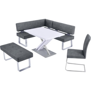 Eckbankgruppe K+W KOMFORT & WOHNEN Santos II Sitzmöbel-Sets Gr. Microfaser Struktur 755, langer Schenkel rechts, blau (ocean) Eckbankgruppen Schenkel 180cm, Hockerbank, Freischwinger und Funktionstisch 120x80x75