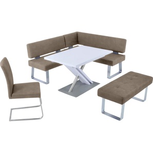 Eckbankgruppe K+W KOMFORT & WOHNEN Santos II Sitzmöbel-Sets Gr. Microfaser Struktur 755, langer Schenkel links, beige (sand) Eckbankgruppen Schenkel 180cm, Hockerbank, Freischwinger und Funktionstisch 120x80x75