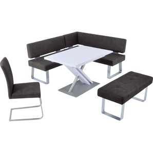 Eckbankgruppe K+W KOMFORT & WOHNEN Santos II Sitzmöbel-Sets Gr. Microfaser Struktur 755, langer Schenkel links, braun (darkbrown) Eckbankgruppen Schenkel 180cm, Hockerbank, Freischwinger und Funktionstisch 120x80x75