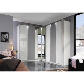 Eckschrank 100 x 210 x 102cm Weiß/Hochglanz Weiß/Grau 1 Spiegeltür