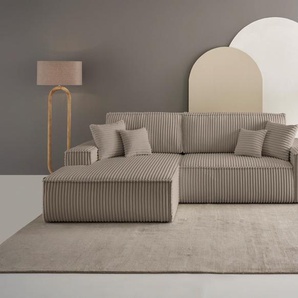 Ecksofa ANDAS Finnley Schlafsofa 267 cm in Bouclé, Struktur fein u. Cord, L-Form, grau (taupe), B:267cm H:85cm T:167cm, Bezugstoff 100% PES , Gramatur 400g/qm +/- 5%, Sofas, Schlaffunktion m. Bettkasten (136/210 cm), Bouclé, Struktur und Cord, Topseller