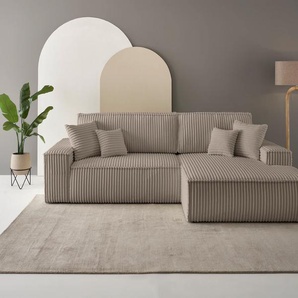 Ecksofa ANDAS Finnley Schlafsofa 267 cm in Bouclé, Struktur fein u. Cord, L-Form, grau (taupe), B:267cm H:85cm T:167cm, Bezugstoff 100% PES , Gramatur 400g/qm +/- 5%, Sofas, Schlaffunktion m. Bettkasten (136/210 cm), Bouclé, Struktur und Cord, Topseller