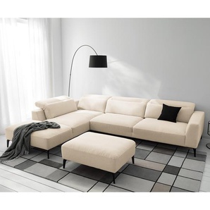Ecksofa mit Ottomane Beige Webstoff Saia 325cm Ottomane davorstehend links Modern