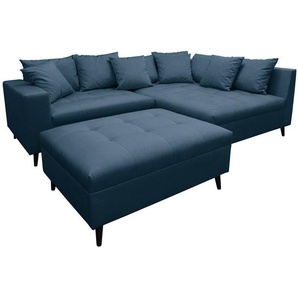 Ecksofa PRUNO mit Hocker Blau/Dunkelblau Microfaser Faria 247 x 80 x 174cm Ottomane davorstehend rechts Modern