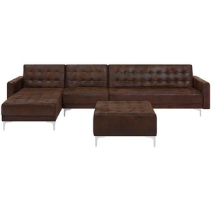 Ecksofa Braun Polsterbezug Lederoptik L-Förmig Rechtsseitig Schalffunktion Klassisch Ottomane Wohnzimmer