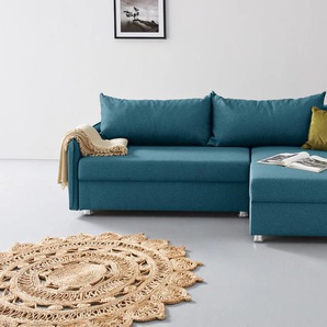 Ecksofa COLLECTION AB Sunny L-Form Sofas Gr. B/T: 218 cm x 141 cm, Struktur, Recamiere beidseitig montierbar, blau (petrol) Ecksofas inkl. Bettfunktion und Bettkasten