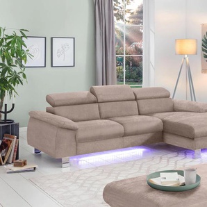 Ecksofa COTTA Komaris L-Form, braun (mud), B:244cm H:72cm T:166cm, Microfaser PRIMABELLE (100% Polyester), Kunstleder SOFTLUX(100%Polyurethan), Feinstruktur (100% Polyester), Kunstleder SOFTLUX/Struktur (100%Polyurethan, 90%Polyester, 10% Polyacryl),