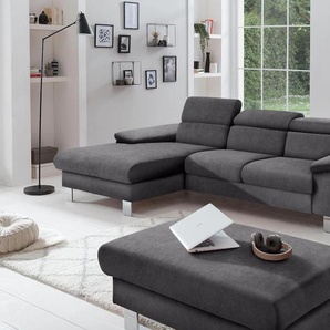 Ecksofa COTTA Komaris Sofas Gr. B/H/T: 242 cm x 90 cm x 100 cm, Feinstruktur, Recamiere links, ohne Bettfunktion-ohne Bettkasten-ohne RGB-LED-Beleuchtung-mit Kopfteilverstellung, grau Ecksofas Sofas Kopf- bzw. Rückenverstellung, wahlweise mit