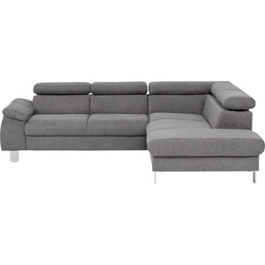 Ecksofa COTTA Komaris Sofas Gr. B/H/T: 249 cm x 72 cm x 100 cm, Feinstruktur, Ottomane rechts, ohne Bettfunktion-ohne Bettkasten-ohne RGB-LED-Beleuchtung-mit Kopfteilverstellung, grau Sofas mit LED inklusive Kopf- bzw. Rückenverstellung, wahlweise