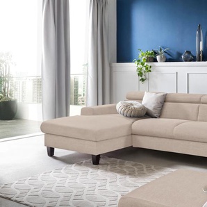 Ecksofa COTTA Morven Sofas Gr. B/H/T: 244 cm x 72 cm x 166 cm, Flachgewebe, Recamiere links, ohne Bettfunktion-ohne Bettkasten-mit Ladestation-mit Kopfteilverstellung, beige (natural) Ecksofa Ecksofas Polstermöbel Sofas Inklusive Kopfteilverstellung,