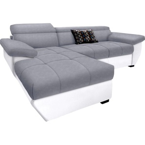 Ecksofa COTTA Sofas Gr. B/H/T: 265 cm x 79 cm x 102 cm, Kunstleder SOFTLUX-Luxus-Microfaser, Recamiere links, ohne Bettfunktion-ohne Bettkasten-mit Kopfteilverstellung, grau (weiß, grau) Ecksofas inklusive Kopfteilverstellung, wahlweise mit Bettfunktion +