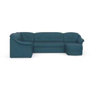 Ecksofa DOMO COLLECTION Montana U-Form Sofas Gr. B/H/T: 234 cm x 84 cm x 142 cm, Struktur weich, Recamiere rechts, mit Bettfunktion, blau (petrol) Ecksofas