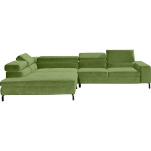 Ecksofa GALLERY M BRANDED BY MUSTERRING Felicia Due L-Form Sofas Gr. B/H/T: 312 cm x 72 cm x 216 cm, Velours, mega-Recamiere links, mit Sitzvorzug motorisch, grün (green) Ecksofas