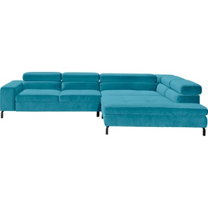 Ecksofa GALLERY M BRANDED BY MUSTERRING Felicia Due L-Form Sofas Gr. B/H/T: 312 cm x 72 cm x 216 cm, Velours, mega-Recamiere rechts, mit Sitzvorzug manuell, blau (petrol) Ecksofas