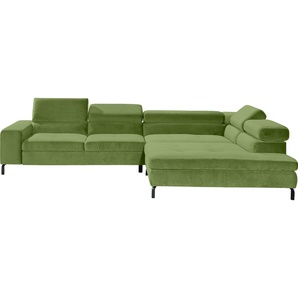 Ecksofa GALLERY M BRANDED BY MUSTERRING Felicia Due L-Form Sofas Gr. B/H/T: 312 cm x 72 cm x 216 cm, Velours, mega-Recamiere rechts, mit Sitzvorzug manuell, grün (green) Ecksofas