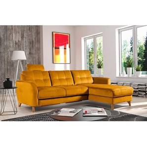Ecksofa Heimari I Gelb/Senfgelb Samt Velina 238 x 82 x 168cm Longchair davorstehend rechts mit Schlaffunktion Modern