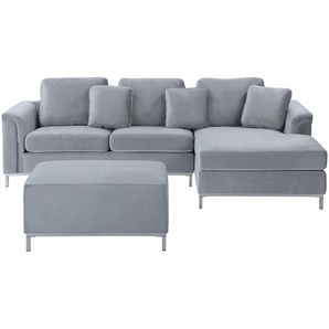 Ecksofa Hellgrau Samtstoff L-Förmig Linksseitig Modern Zierkissen Ottomane Wohnzimmer