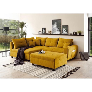 Ecksofa Holton Gelb/Senfgelb Microfaser Ranu 248 x 87 x 176cm Longchair davorstehend links mit Hocker Modern