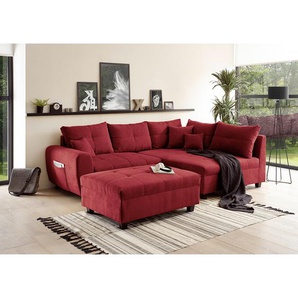Ecksofa Holton Rot/Beere Microfaser Ranu 248 x 87 x 176cm Longchair davorstehend rechts mit Hocker Modern