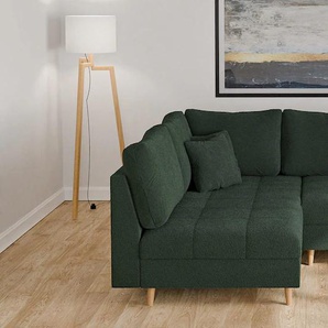 Ecksofa HOME AFFAIRE CHARRE L-Form mit Ottomane, Maße B/T/H: 231/161/81 cm, grün (dunkelgrün), B:231cm H:81cm T:161cm, 100% Polyester, Sofas, feine Steppung, lose Rücken- und Zierkissen, auch in Cord und Bouclé, Topseller