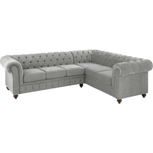 Chesterfield-Sofa HOME AFFAIRE Duc Sofas Gr. B/H/T: 255 cm x 74 cm x 214 cm, Samtoptik, langer Schenkel links, grau (hellgrau) Chesterfieldsofas hochwertige Knopfheftung im Rücken, Samtoptik mit changierender Optik