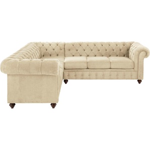 Chesterfield-Sofa HOME AFFAIRE Duc Sofas Gr. B/H/T: 255 cm x 74 cm x 214 cm, Samtoptik, langer Schenkel rechts, beige Chesterfieldsofas hochwertige Knopfheftung im Rücken, Samtoptik mit changierender Optik