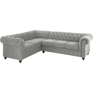 Chesterfield-Sofa HOME AFFAIRE Duc Sofas Gr. B/H/T: 255 cm x 74 cm x 214 cm, Samtoptik, langer Schenkel rechts, grau (hellgrau) Chesterfieldsofas hochwertige Knopfheftung im Rücken, Samtoptik mit changierender Optik