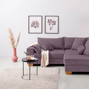 Ecksofa HOME AFFAIRE L-Form Sofas Gr. B/H/T: 227 cm x 88 cm x 190 cm, Cord, Ottomane rechts, mit Bettfunktion, lila (purple) Ecksofas bis zu 140 kg pro Sitzfläche, incl. 2 Nierenkissen und 3 Zierkissen