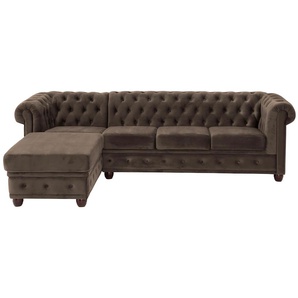 Chesterfield-Sofa HOME AFFAIRE New Castle Sofas Gr. B/H/T: 255 cm x 72 cm x 171 cm, Samtoptik, Ottomane links, grau (taupe) Chesterfieldsofas hochwertige Knopfheftung in Chesterfield-Design, BTH: 255(17172)