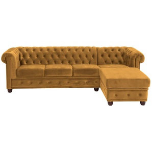 Chesterfield-Sofa HOME AFFAIRE New Castle Sofas Gr. B/H/T: 255 cm x 72 cm x 171 cm, Samtoptik, Ottomane rechts, gelb (mustard) Chesterfieldsofas hochwertige Knopfheftung in Chesterfield-Design, BTH: 255(17172)