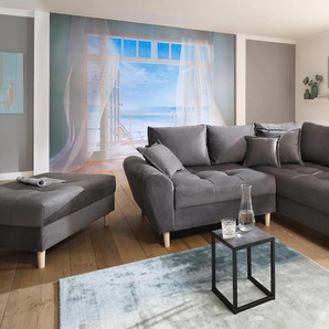 Ecksofa HOME AFFAIRE Rice L-Form inkl. Hocker, grau, B:223cm H:47cm T:184cm, Luxus-Microfaser (100% Polyester), Struktur fein (100% Polyester), Microfaser PRIMABELLE (100% Polyester), Samtoptik (100% Polyester), Sofas, mit Bonnellfederkern, Hocker &