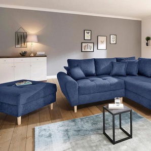 Ecksofa HOME AFFAIRE Rice Sofas Gr. B/H/T: 223 cm x 86 cm x 184 cm, Microfaser PRIMABELLE, Ottomane beidseitig montierbar, blau (blau, marin) Ecksofas mit Hocker, Massivholzfüße und Federkernpolsterung Bestseller