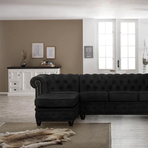 Chesterfield-Sofa HOME AFFAIRE Rysum Sofas Gr. B/H/T: 255 cm x 72 cm x 171 cm, Luxus-Microfaser in Lederoptik, Ottomane links, grau (anthrazit) Chesterfieldsofas Chesterfield-Optik mit Ottomanen-Abschluß
