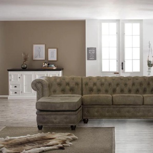 Chesterfield-Sofa HOME AFFAIRE Rysum Sofas Gr. B/H/T: 255 cm x 72 cm x 171 cm, Luxus-Microfaser in Lederoptik, Ottomane links, grau (stone) Chesterfieldsofas Chesterfield-Optik mit Ottomanen-Abschluß