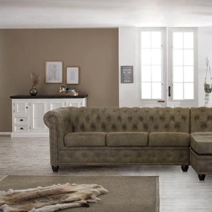 Chesterfield-Sofa HOME AFFAIRE Rysum Sofas Gr. B/H/T: 255 cm x 72 cm x 171 cm, Luxus-Microfaser in Lederoptik, Ottomane rechts, grau (stone) Chesterfieldsofas Chesterfield-Optik mit Ottomanen-Abschluß