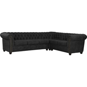 Chesterfield-Sofa HOME AFFAIRE Rysum Sofas Gr. B/H/T: 264 cm x 72 cm x 210 cm, Luxus-Microfaser in Lederoptik, langer Schenkel links, grau (anthrazit) Chesterfieldsofas Chesterfield-Optik, langer Schenkel links oder rechts