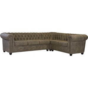 Chesterfield-Sofa HOME AFFAIRE Rysum Sofas Gr. B/H/T: 264 cm x 72 cm x 210 cm, Luxus-Microfaser in Lederoptik, langer Schenkel links, grau (stone) Chesterfieldsofas Chesterfield-Optik, langer Schenkel links oder rechts